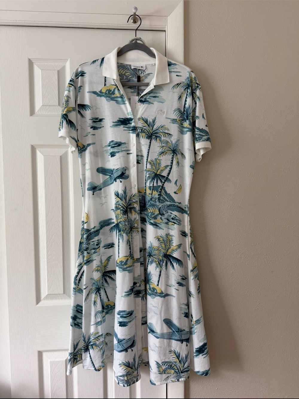 Lacoste Belted Tropical Collar Shirt Dress in White & Teal size 6